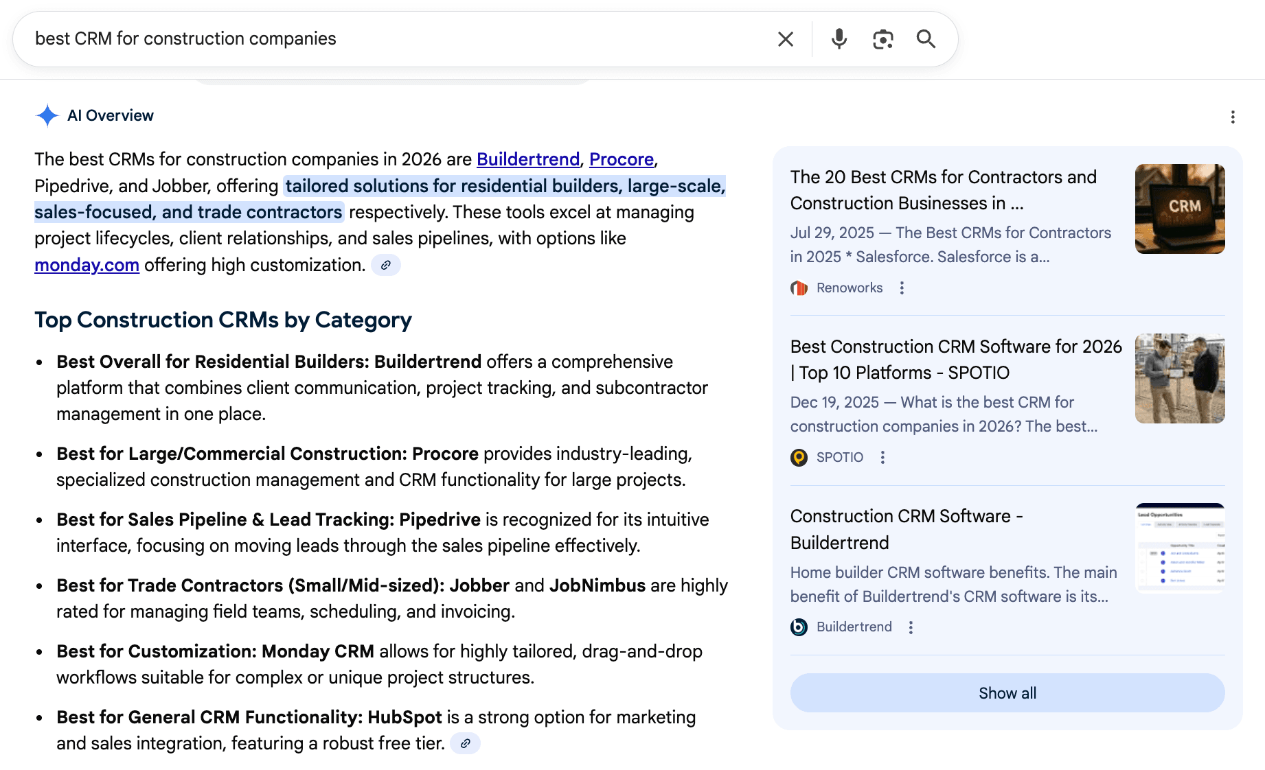 Google AI Overview showing complete answer for 'best CRM for construction companies' directly in search results without requiring clicks to websites.