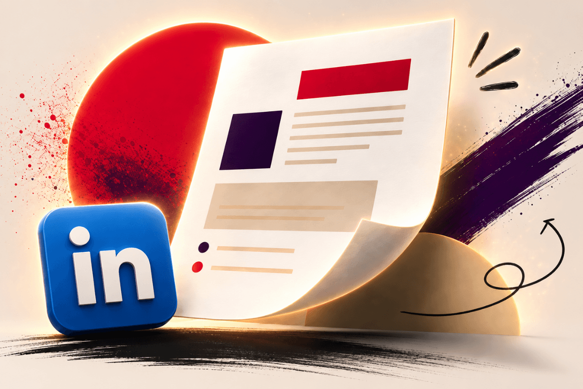 LinkedIn logo beside a document post, illustrated with red and purple brand colours against a light background, representing LinkedIn document posts for B2B content strategy