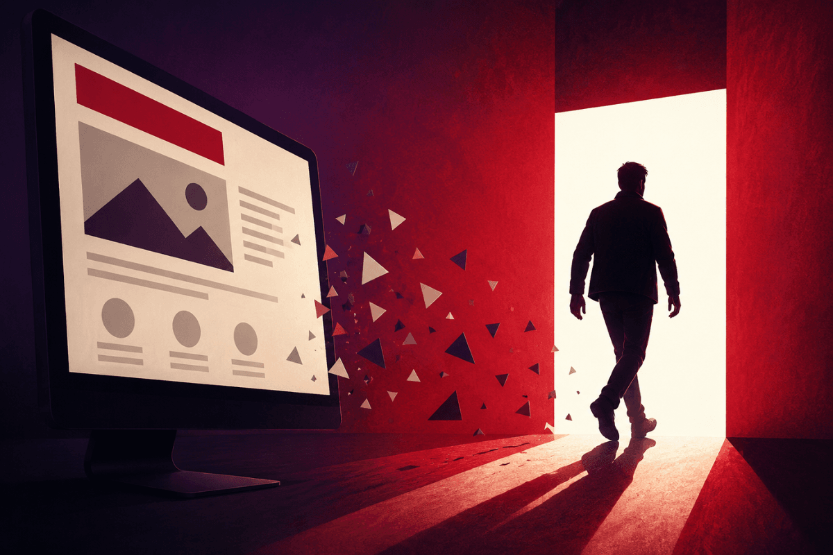 Website visitor walking away from a computer screen toward an open doorway, representing lost website conversions and visitors leaving without calling, booking, or buying.