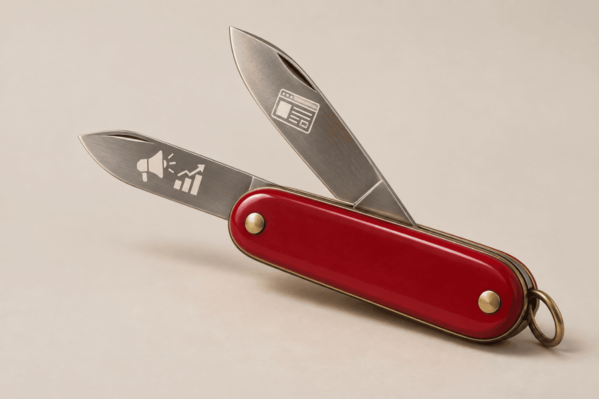 A red pocket knife with two blades open, one etched with a website icon and one with a marketing chart icon, representing a full-service marketing agency for web design and performance marketing.