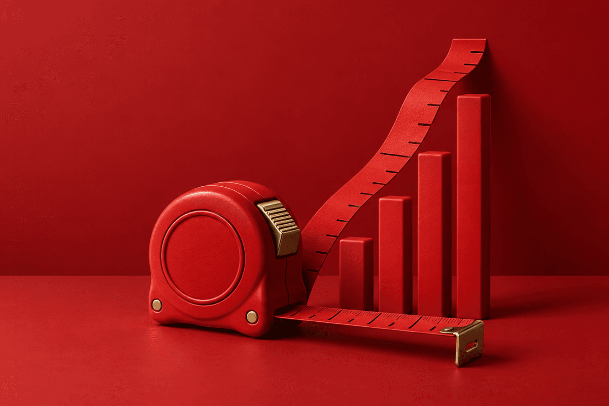 A red measuring tape unrolling into a rising bar chart, representing measurable roofing company marketing results.