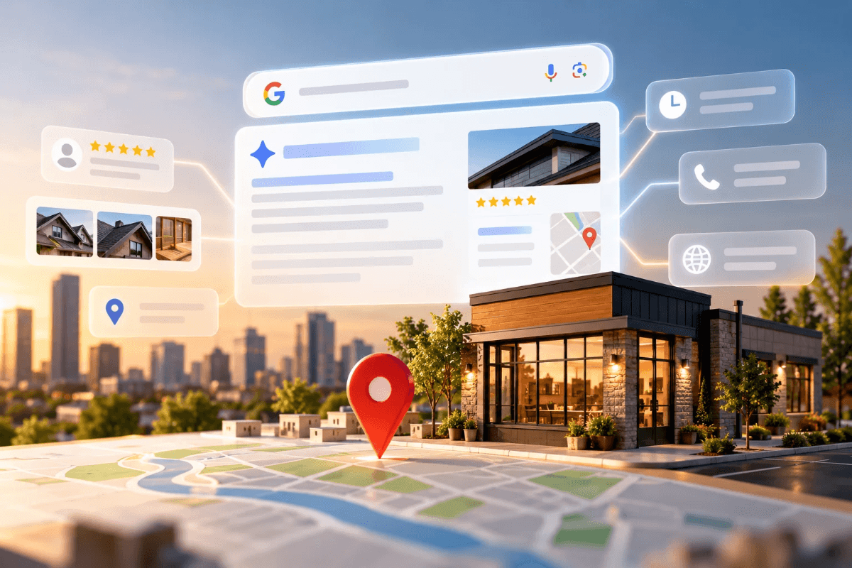 Google search with an AI Overview showing a local business’s reviews, photos, hours and map location, illustrating how to show up in AI Overviews.